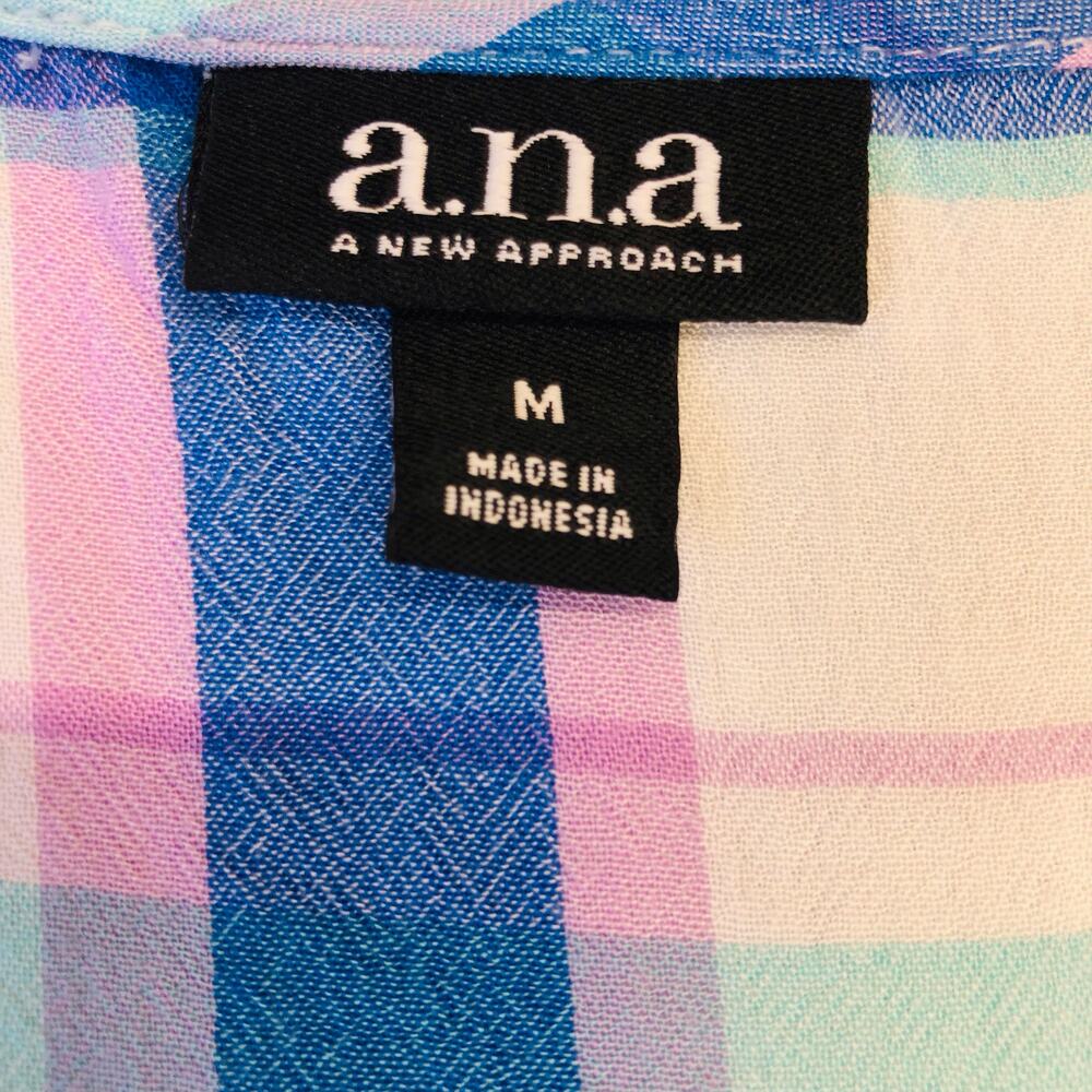 a.n.a. Blue White Pink Plaid Sleeveless Top Ruffled Trim Hem - Picture 9 of 16